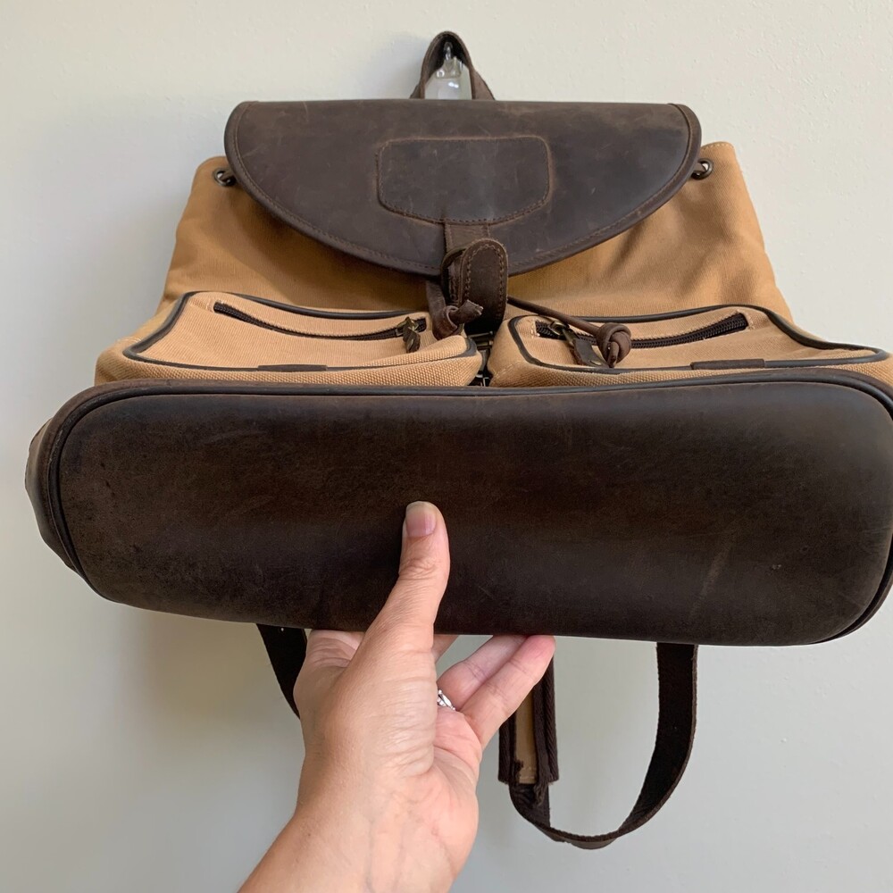 Canyon Outback VTG Leather Canvas Backpack Cinch Buckle Brown Tan Classic 90s - Picture 3 of 12